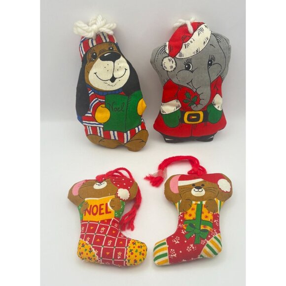 Vintage 70s Stuffed Fabric Christmas Ornaments Dog Elephant Mice Handmade Lot - Picture 2 of 7